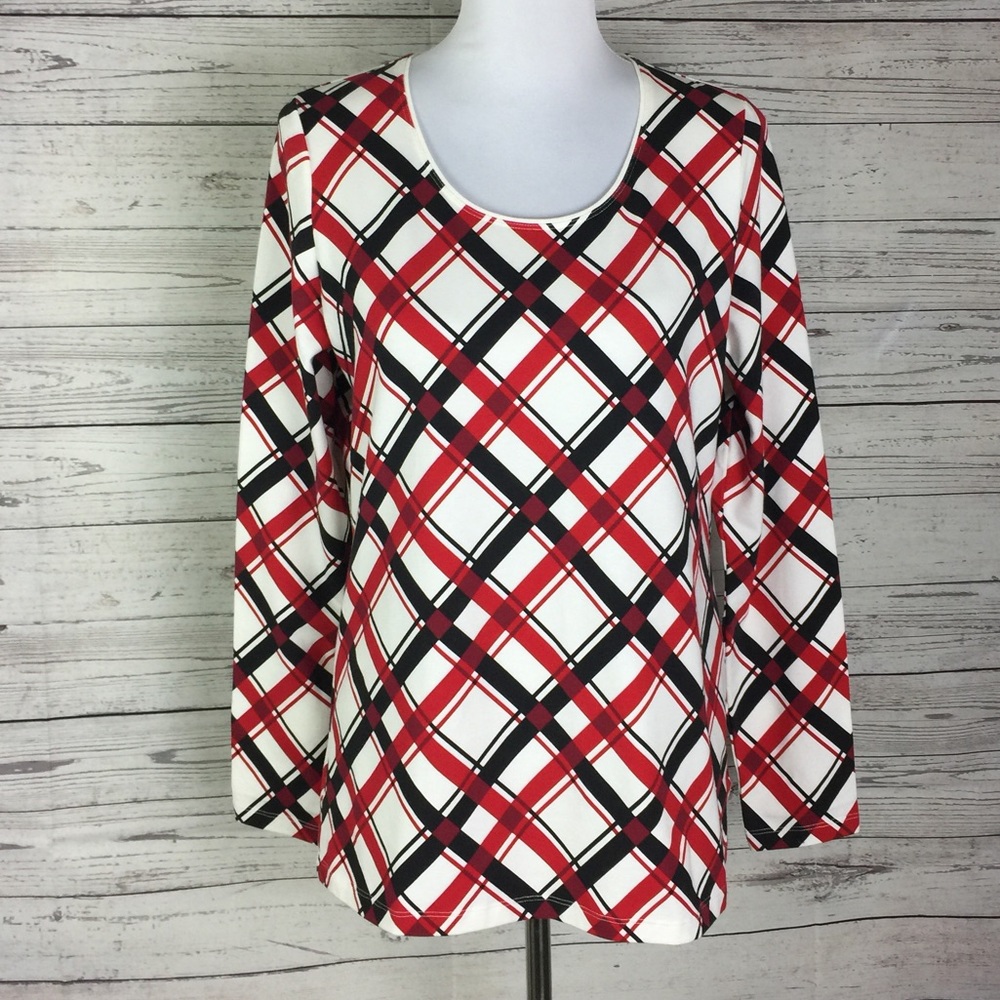 Kim Rogers Multicolor Plaid Stretch Knit Top